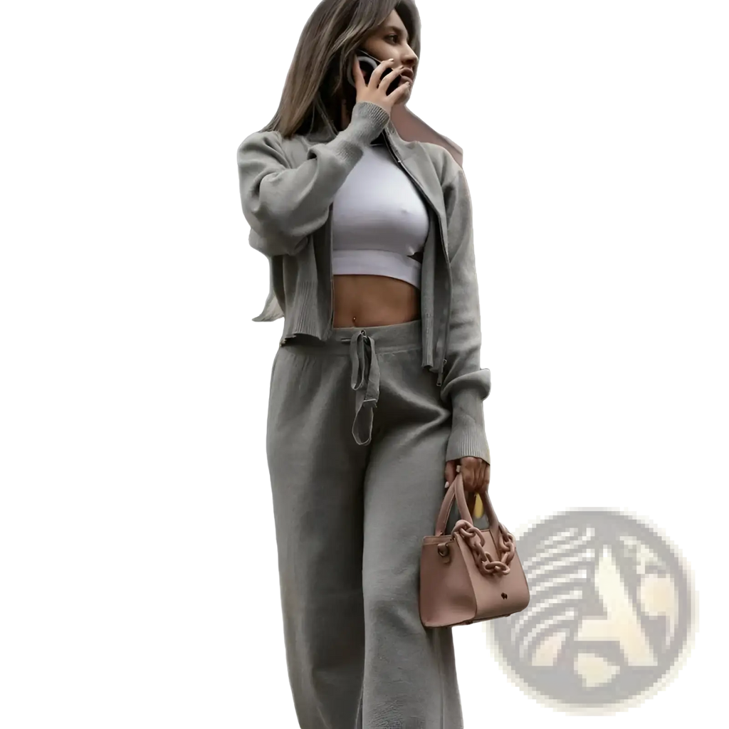 A taupe leather handbag with chunky chain strap and top handles paired with women’s knit zip up cardigan set