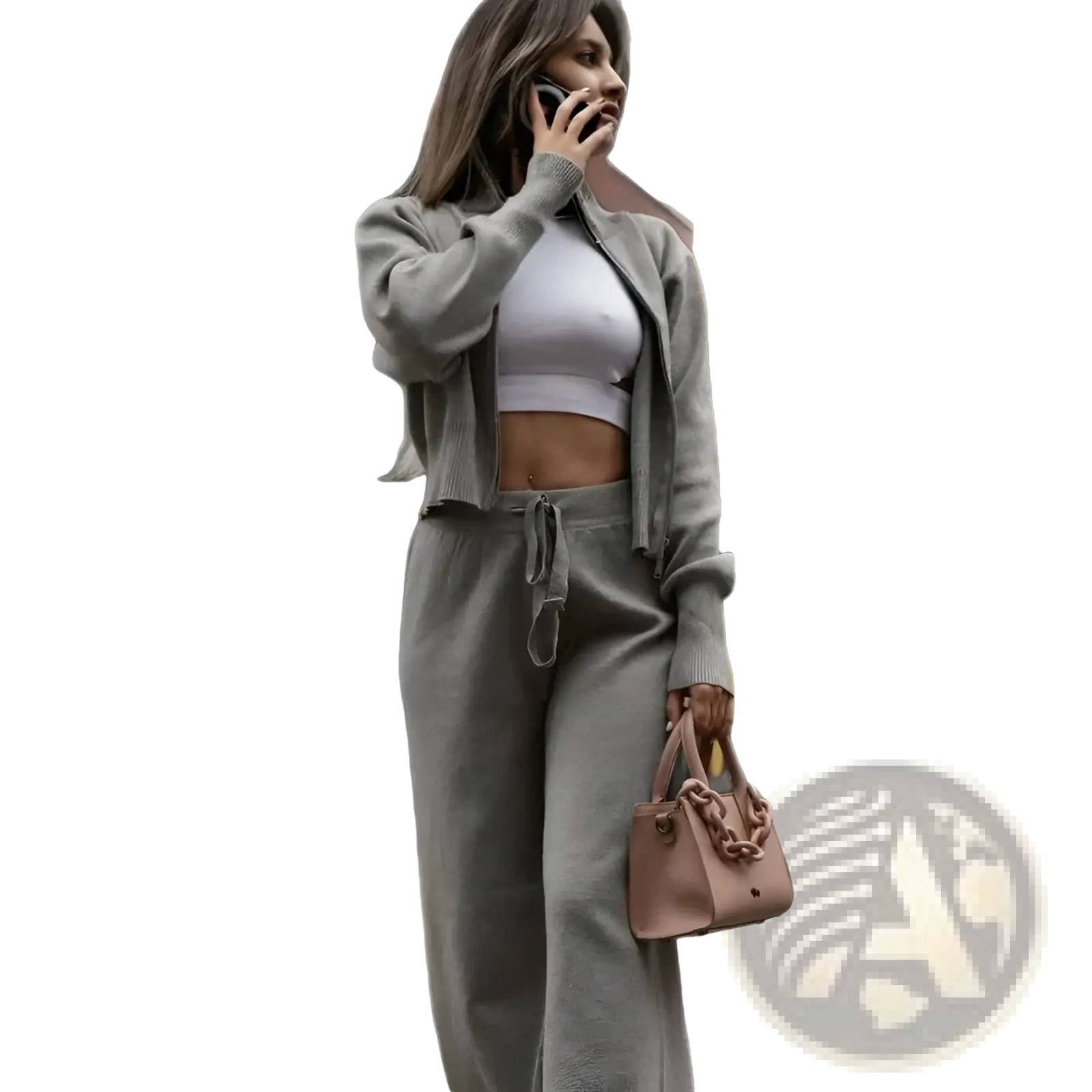 A taupe leather handbag with chunky chain strap and top handles paired with women’s knit zip up cardigan set