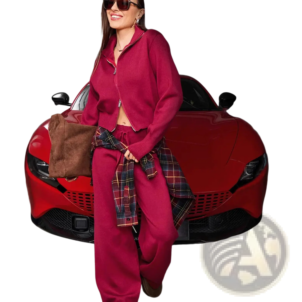 A woman wearing a vibrant red knit zip up cardigan and wide leg pant set with sunglasses and plaid shirt accessory