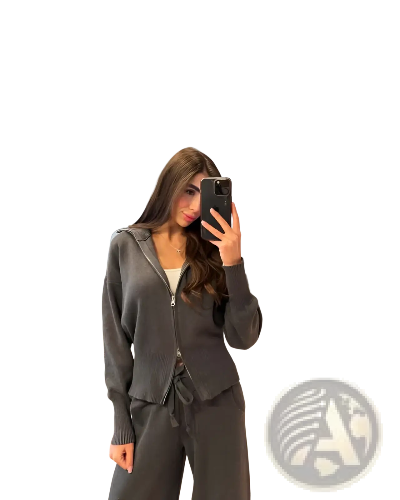 Women’s gray knit zip up cardigan with ribbed cuffs hem and drawstring waistband paired with wide leg pants