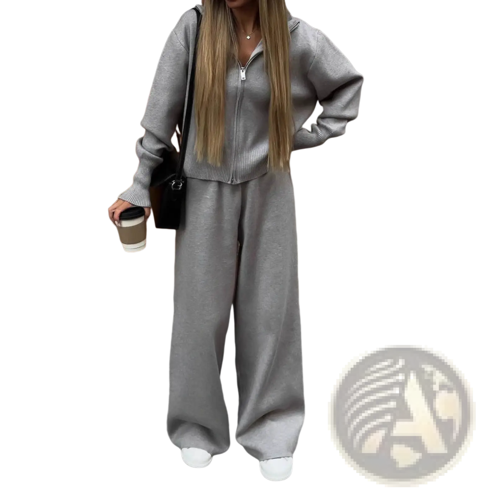 Women’s gray knit zip up cardigan and wide leg pant set made of soft knit fabric for comfortable casual wear
