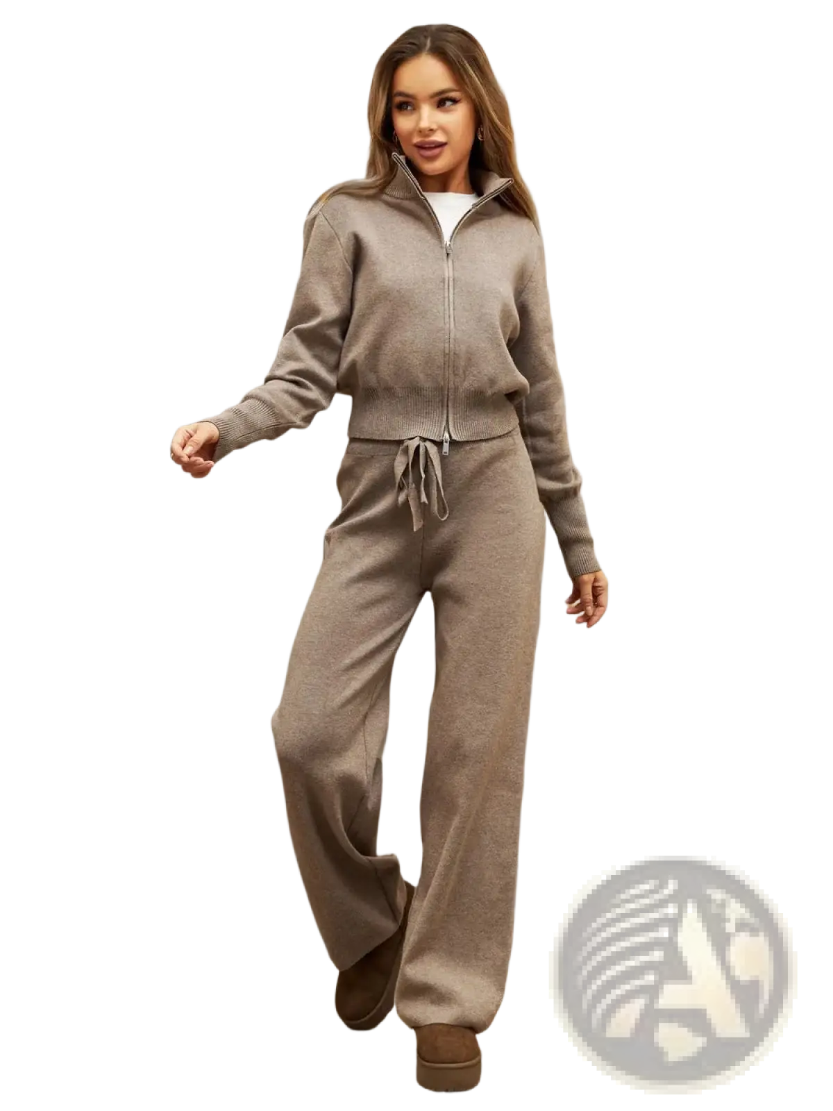Women’s cozy taupe knit zip up cardigan and wide leg pant set with drawstring and matching jacket and pants