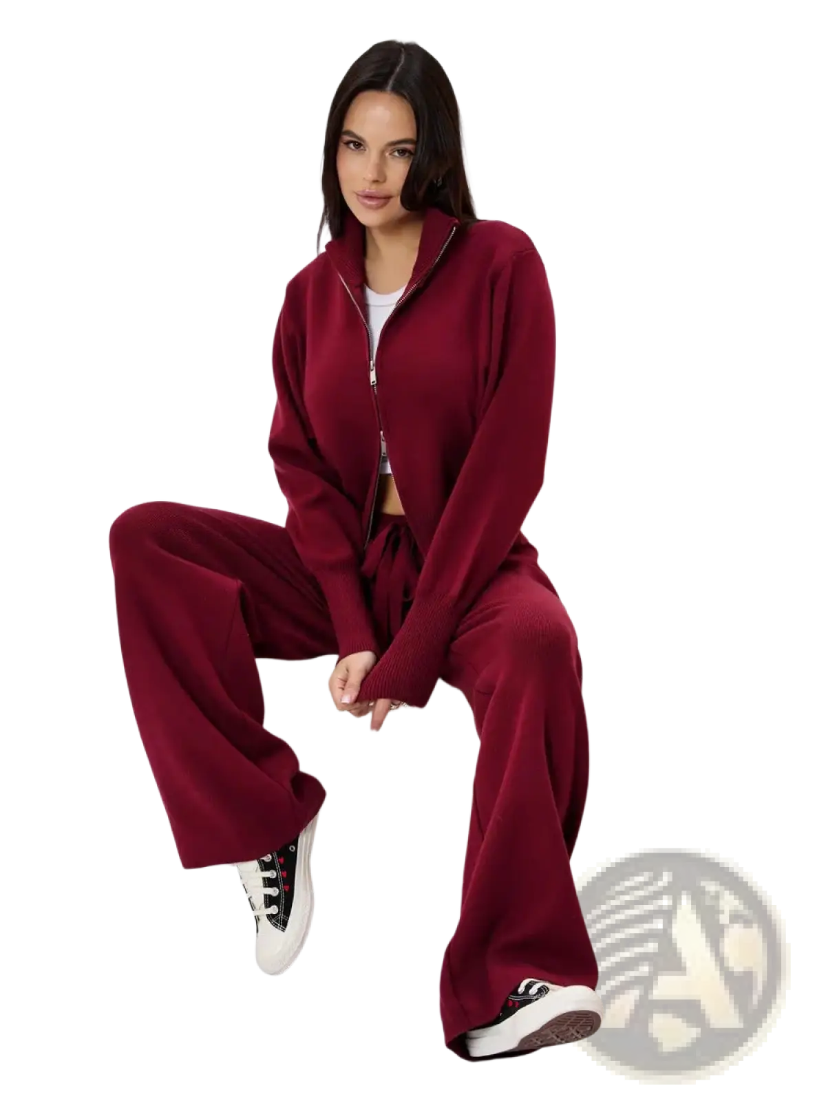 Women’s maroon velour knit zip up cardigan with matching wide leg pant set ideal for casual wear