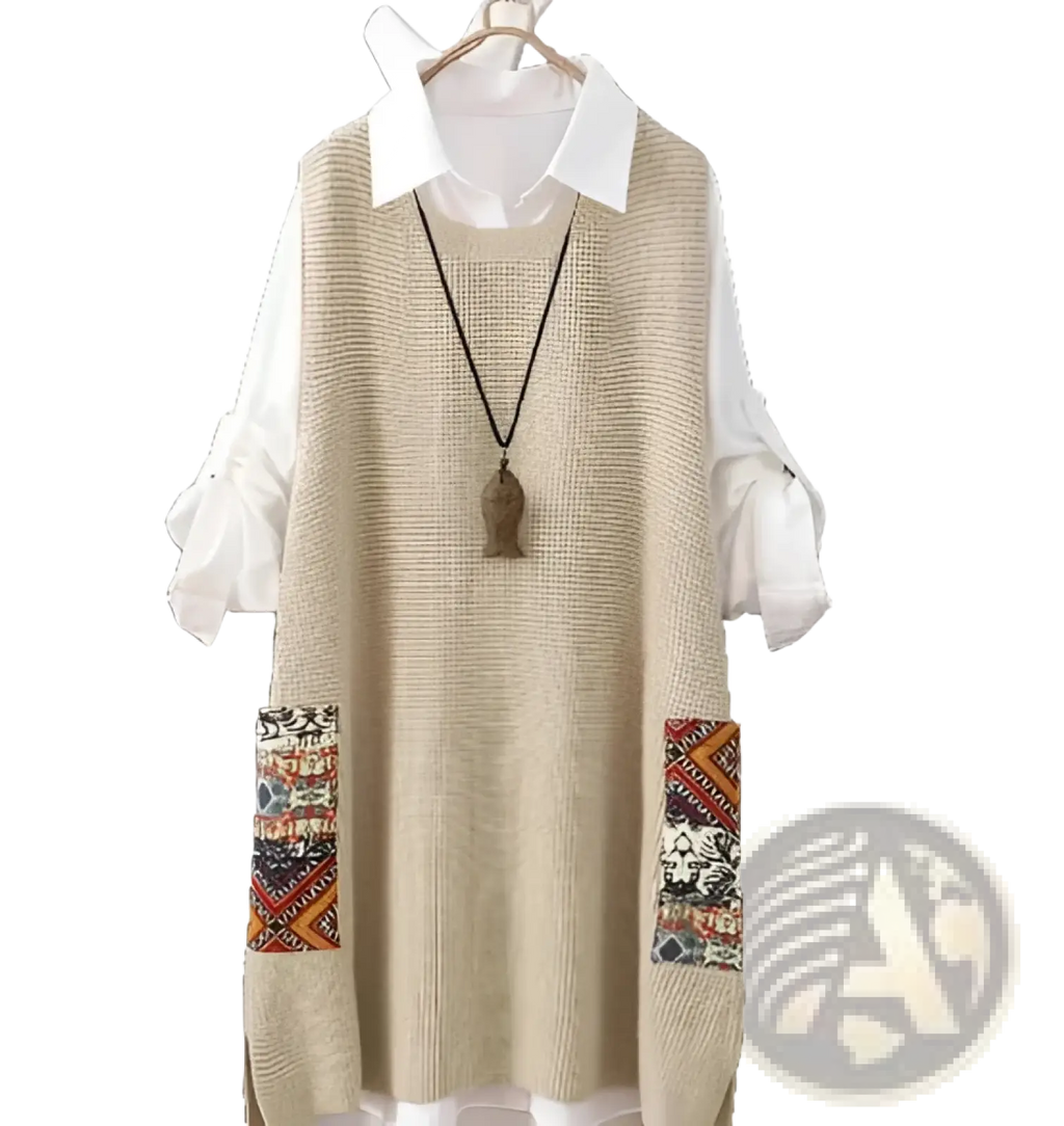 Womens beige knitted v neck vest with waffle-knit texture and colorful embroidered patch pockets layered over white shirt