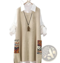 Womens beige knitted v neck vest with waffle-knit texture and colorful embroidered patch pockets layered over white shirt
