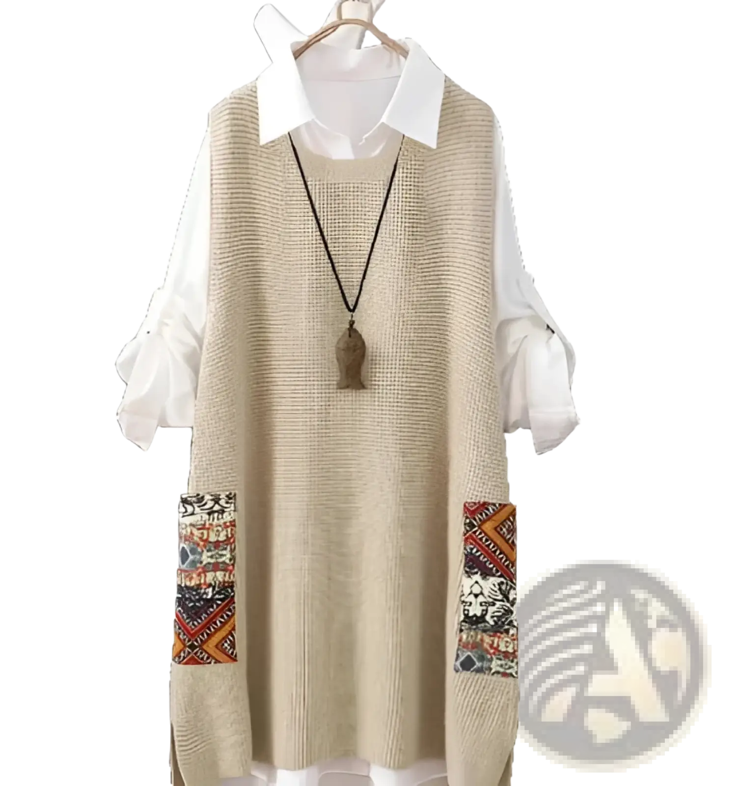 Womens beige knitted v neck vest with waffle-knit texture and colorful embroidered patch pockets layered over white shirt