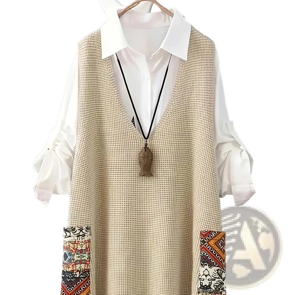 Beige knitted womens v neck vest with patchwork woven pockets worn over a white collared shirt