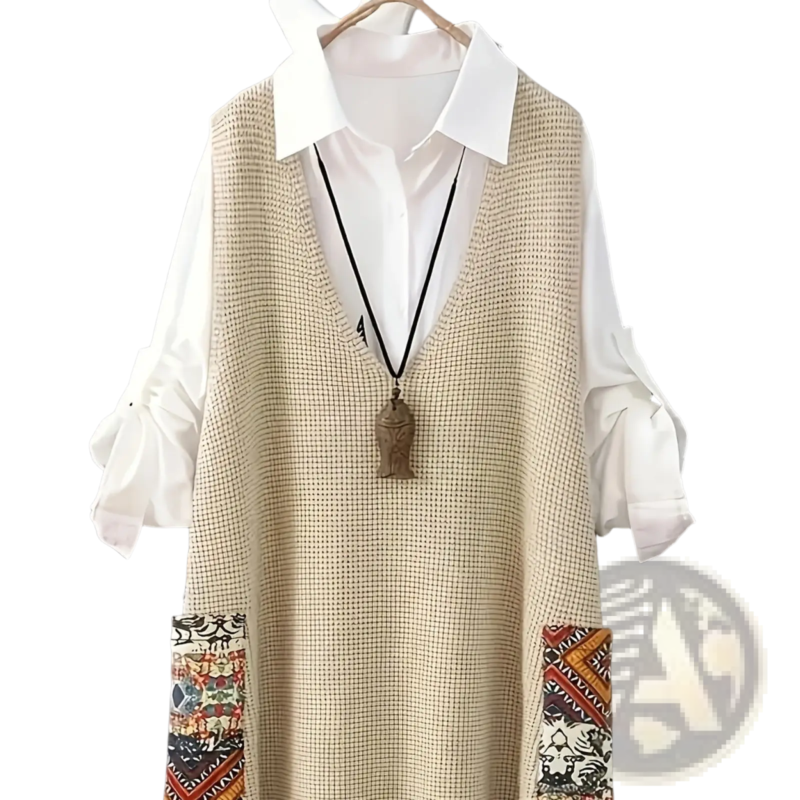 Beige knitted womens v neck vest with patchwork woven pockets worn over a white collared shirt