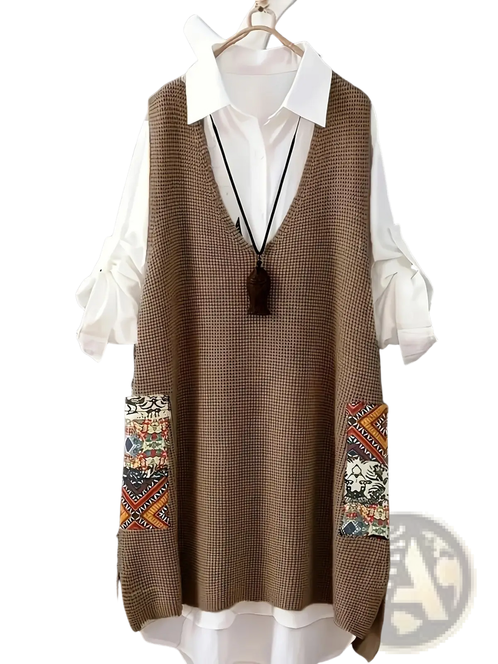 Womens brown houndstooth knitted v neck vest with colorful embroidered patch pockets over white collared shirt