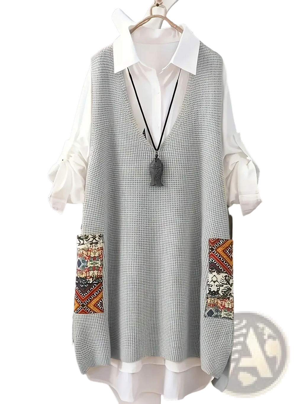 Womens knitted patchwork v neck vest in gray checkered knit with colorful patchwork pockets worn over white shirt
