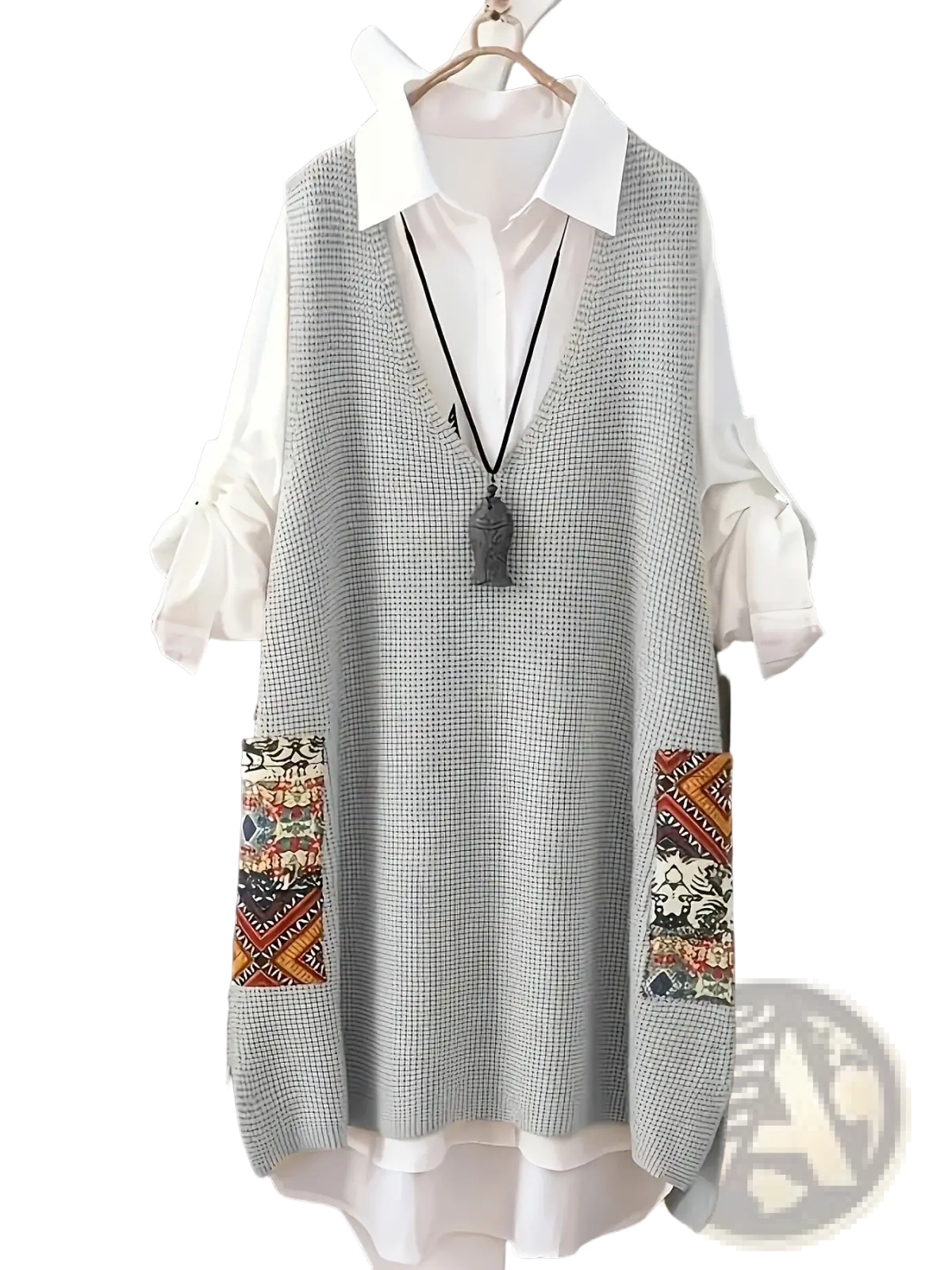 Womens knitted patchwork v neck vest in gray checkered knit with colorful patchwork pockets worn over white shirt