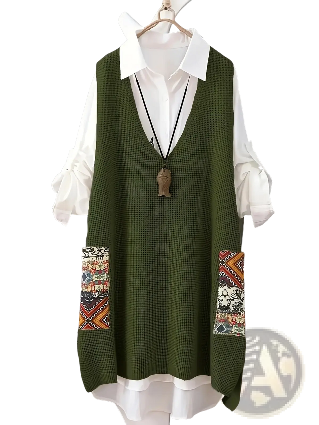 Womens knitted patchwork v neck vest in olive green waffle knit with colorful side details worn over white shirt