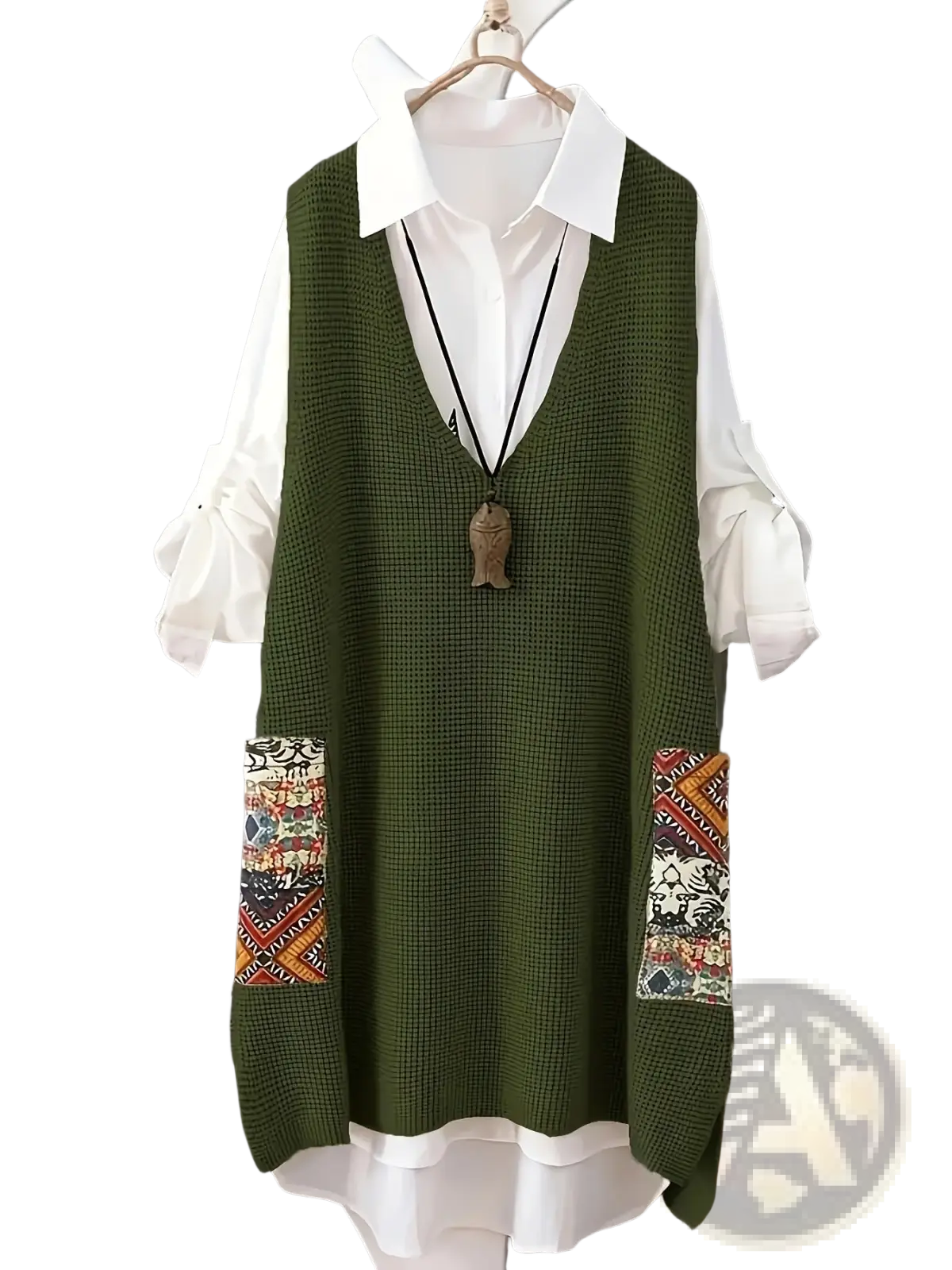 Womens knitted patchwork v neck vest in olive green waffle knit with colorful side details worn over white shirt