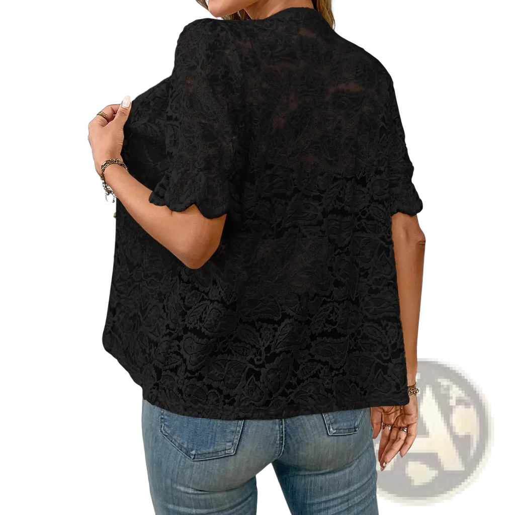Black floral lace cape top with short flutter sleeves designed as a womens casual summer short sleeve top