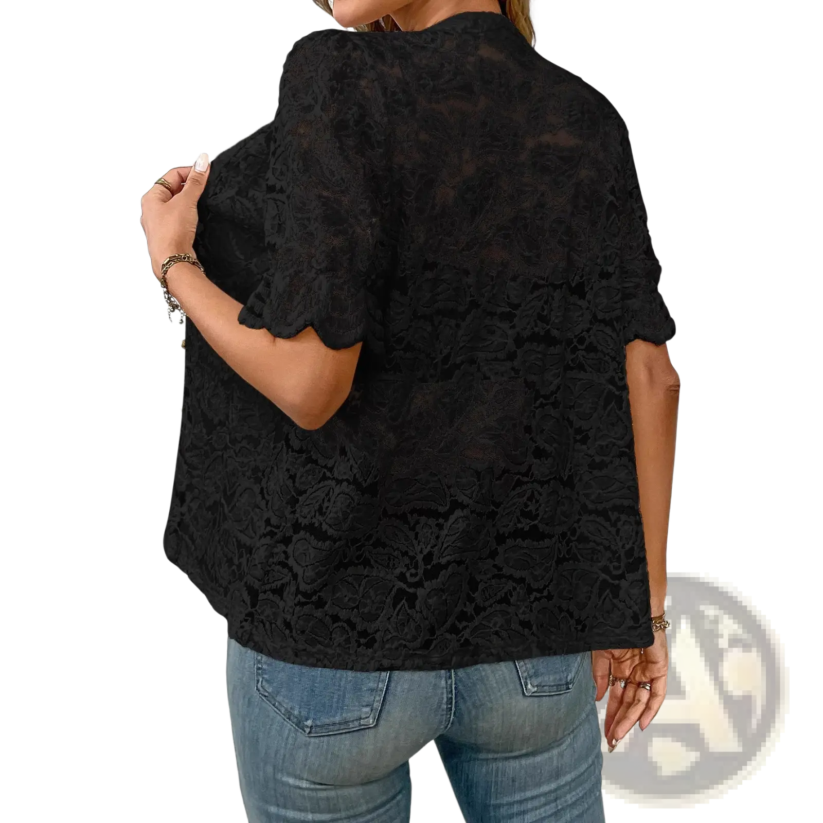 Black floral lace cape top with short flutter sleeves designed as a womens casual summer short sleeve top