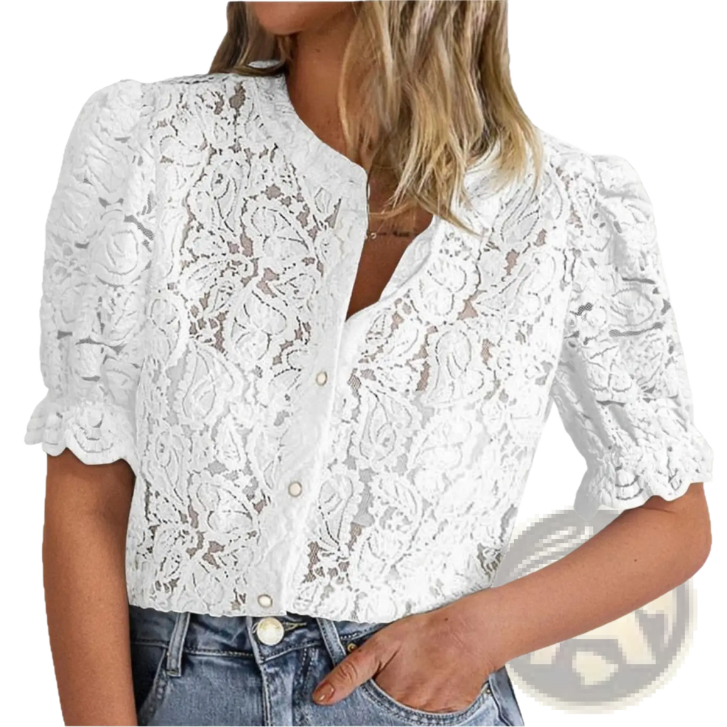 White lace cropped blouse with puff sleeves and button front for casual summer wear in womens short sleeve style
