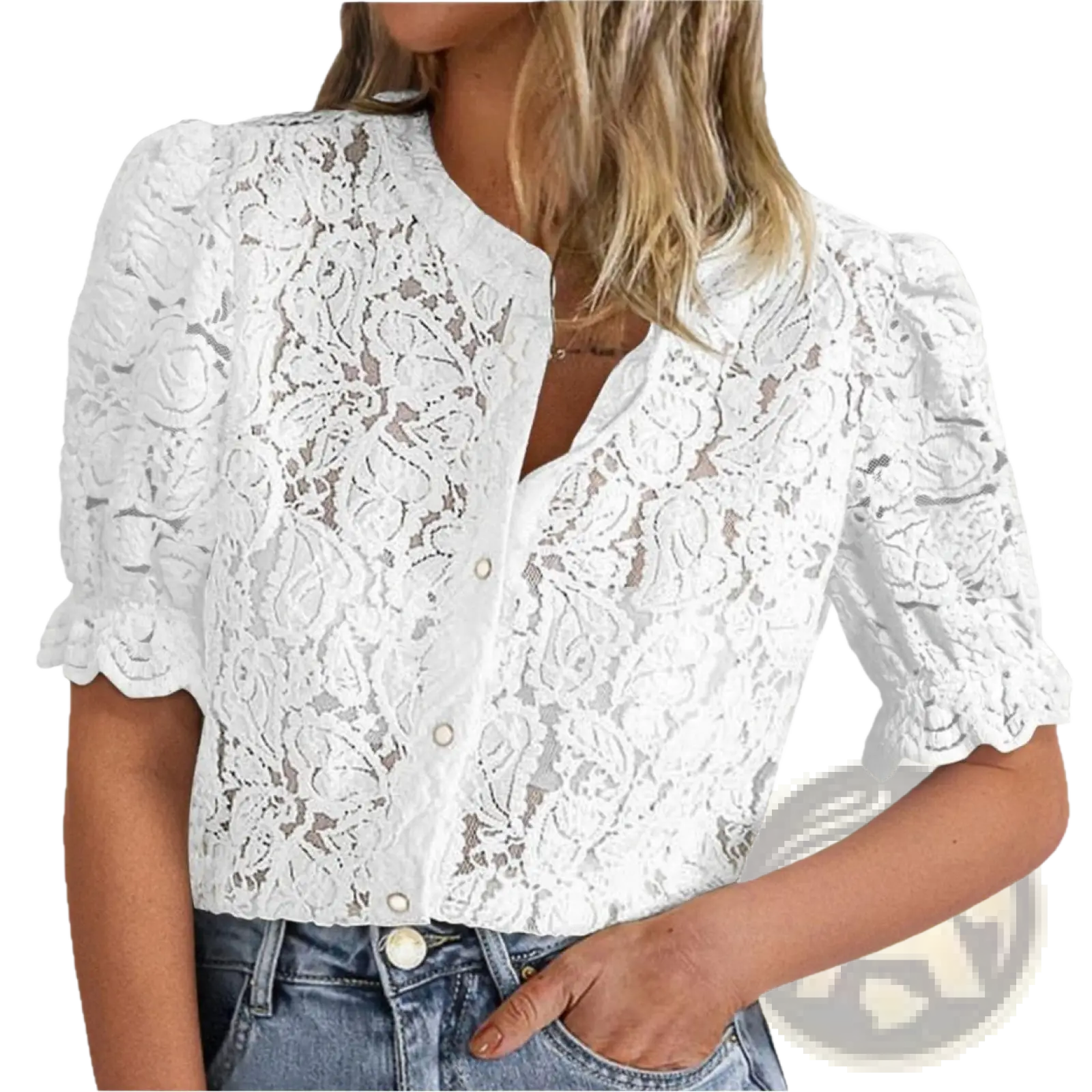 White lace cropped blouse with puff sleeves and button front for casual summer wear in womens short sleeve style