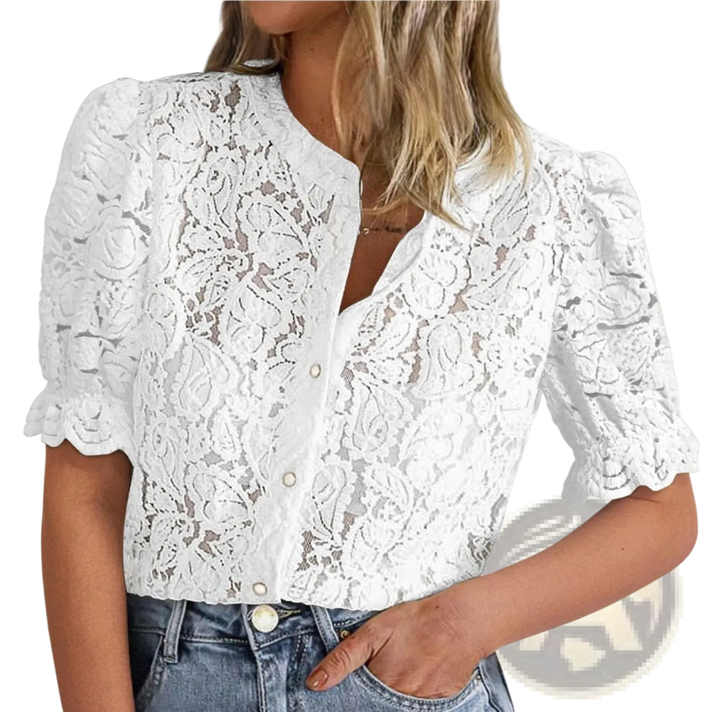 White lace short sleeve casual summer top with floral pattern and puffed sleeves for women
