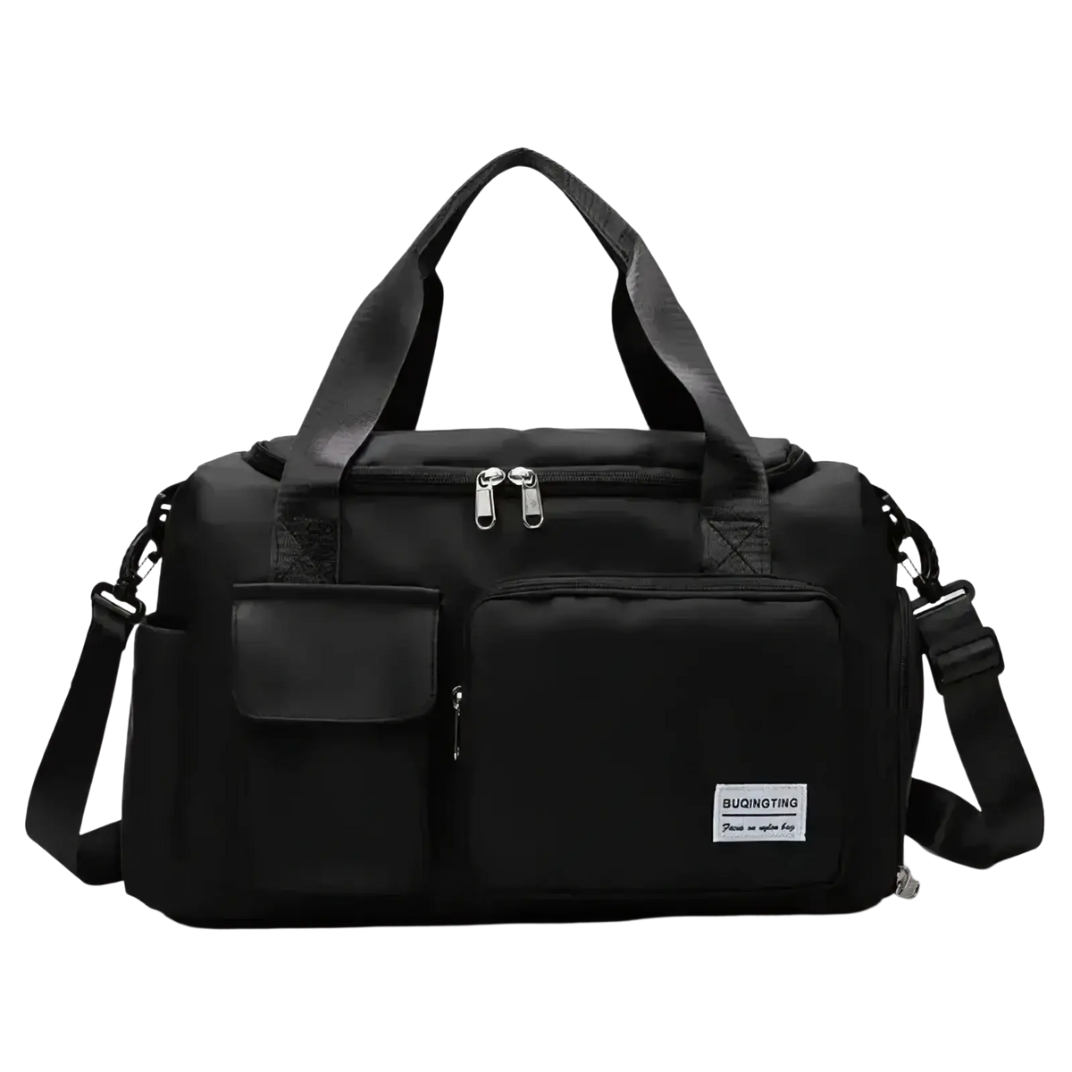 Black buqingting women’s large capacity travel duffle bag with durable fabric, dual handles, adjustable strap, and zippered compartments