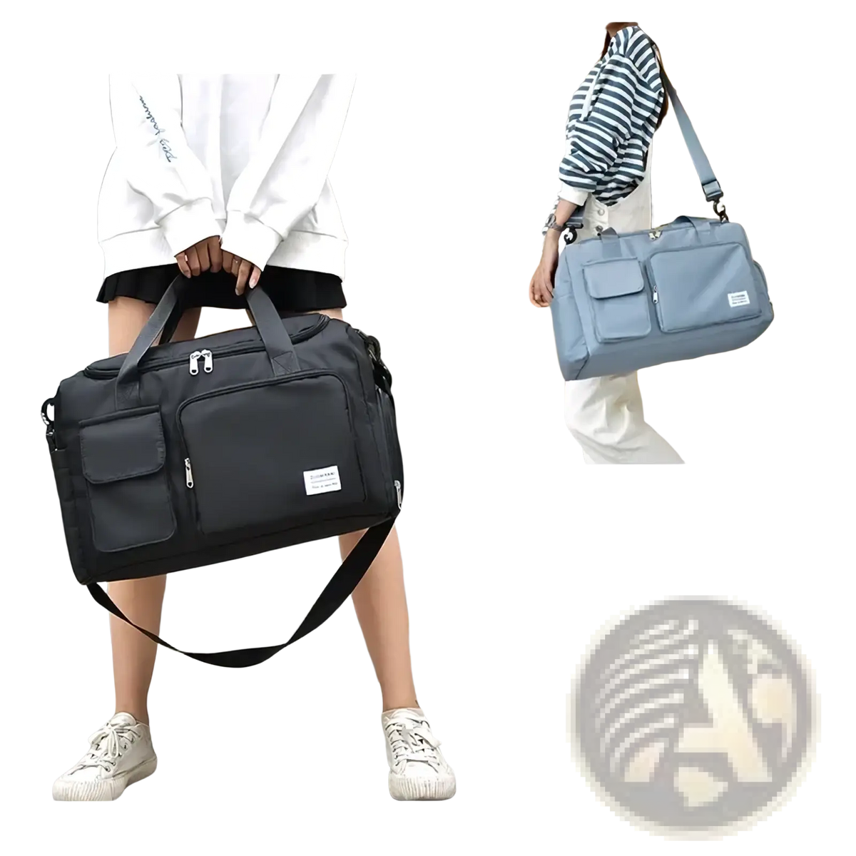 Black multifunction travel duffle bag for women with large capacity, multiple pockets, and detachable shoulder strap