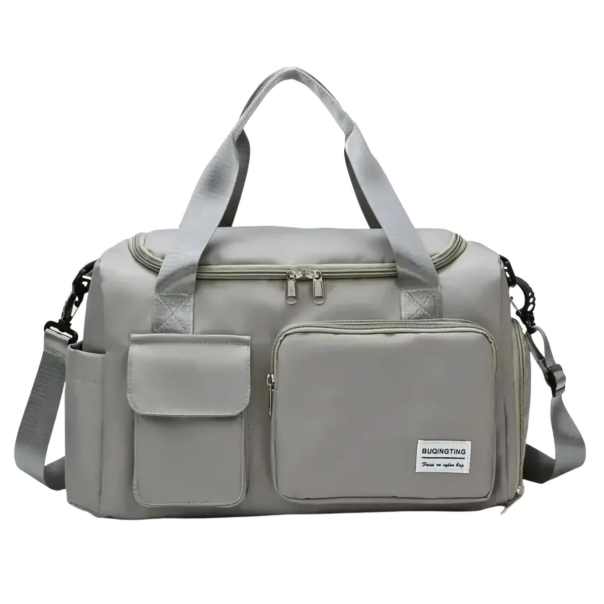Gray buqingting large capacity women’s travel duffel bag with multiple zipped compartments and adjustable shoulder strap