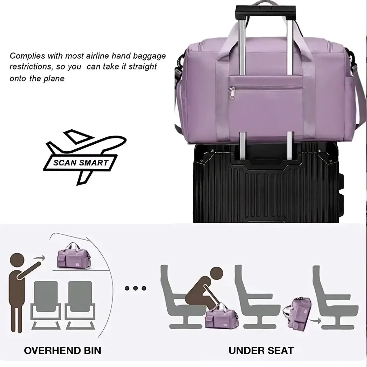 Lavender lightweight fabric women’s large capacity travel duffle bag with silver telescoping handles and shoulder strap