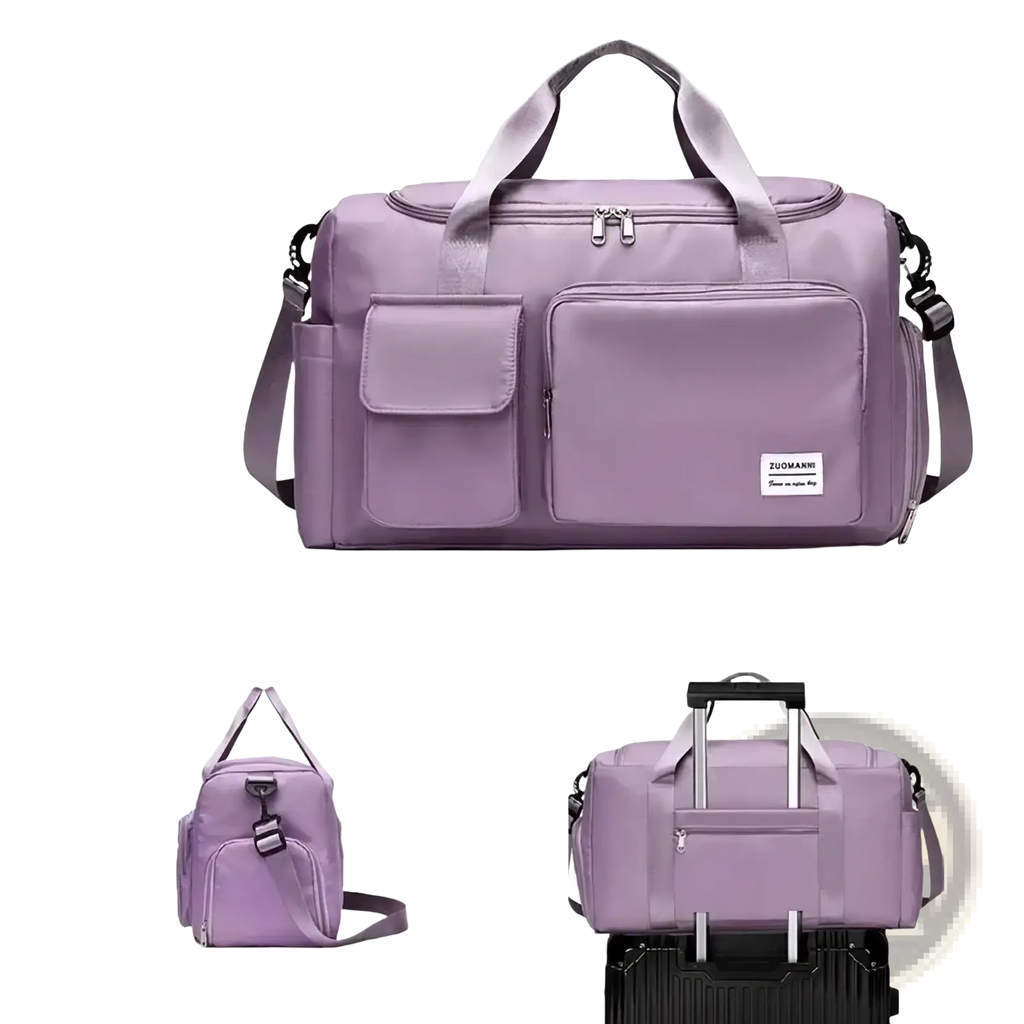 Lavender lightweight nylon women’s large capacity travel duffel bag with dual top handles and detachable shoulder strap