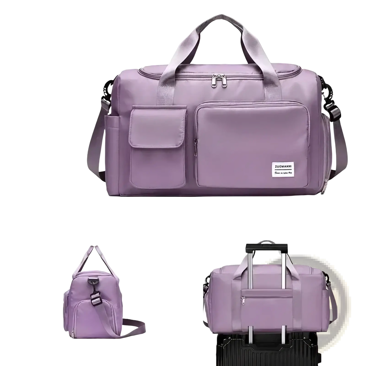 Lavender lightweight nylon women’s large capacity travel duffel bag with dual top handles and detachable shoulder strap