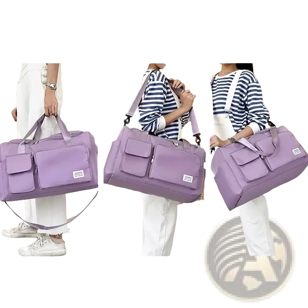 Women’s large capacity travel duffle bag lavender multi-functional with adjustable straps and multiple pockets for versatile carry