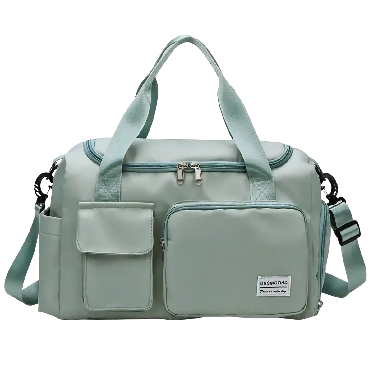 Light green buqingting duffel bag with dual top handles and adjustable shoulder strap for women’s travel use