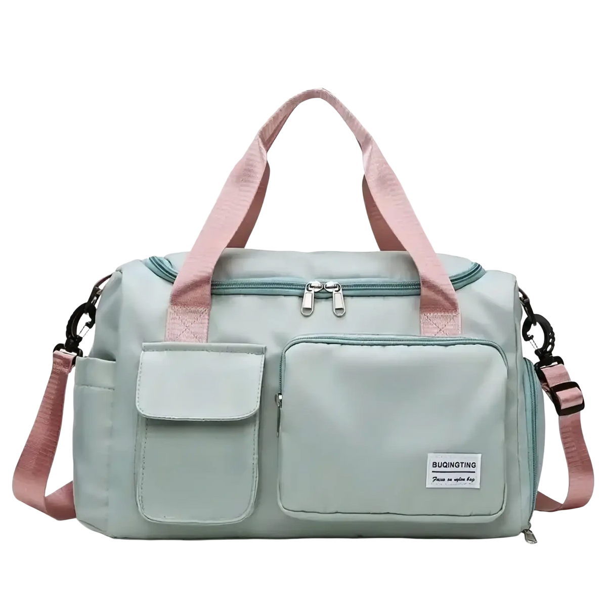 Light green women’s large capacity travel duffle bag with pink handles, shoulder strap, and multiple zippered compartments