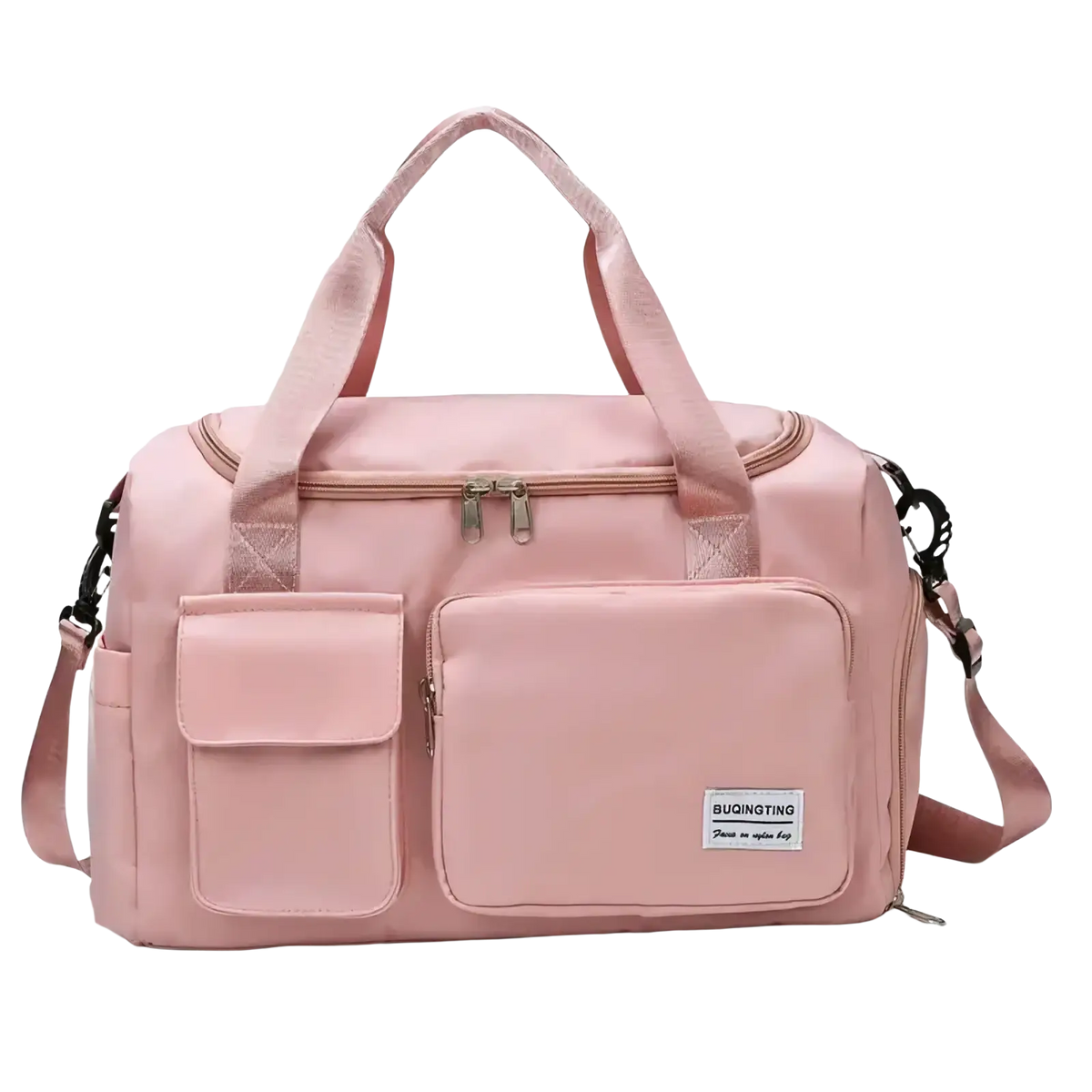 Pink buqingting women’s large capacity travel duffel bag with multiple zippers and detachable shoulder strap