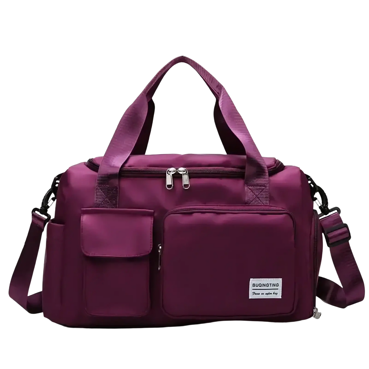 Purple large capacity women’s duffle bag with multiple zippers and detachable shoulder strap for travel use