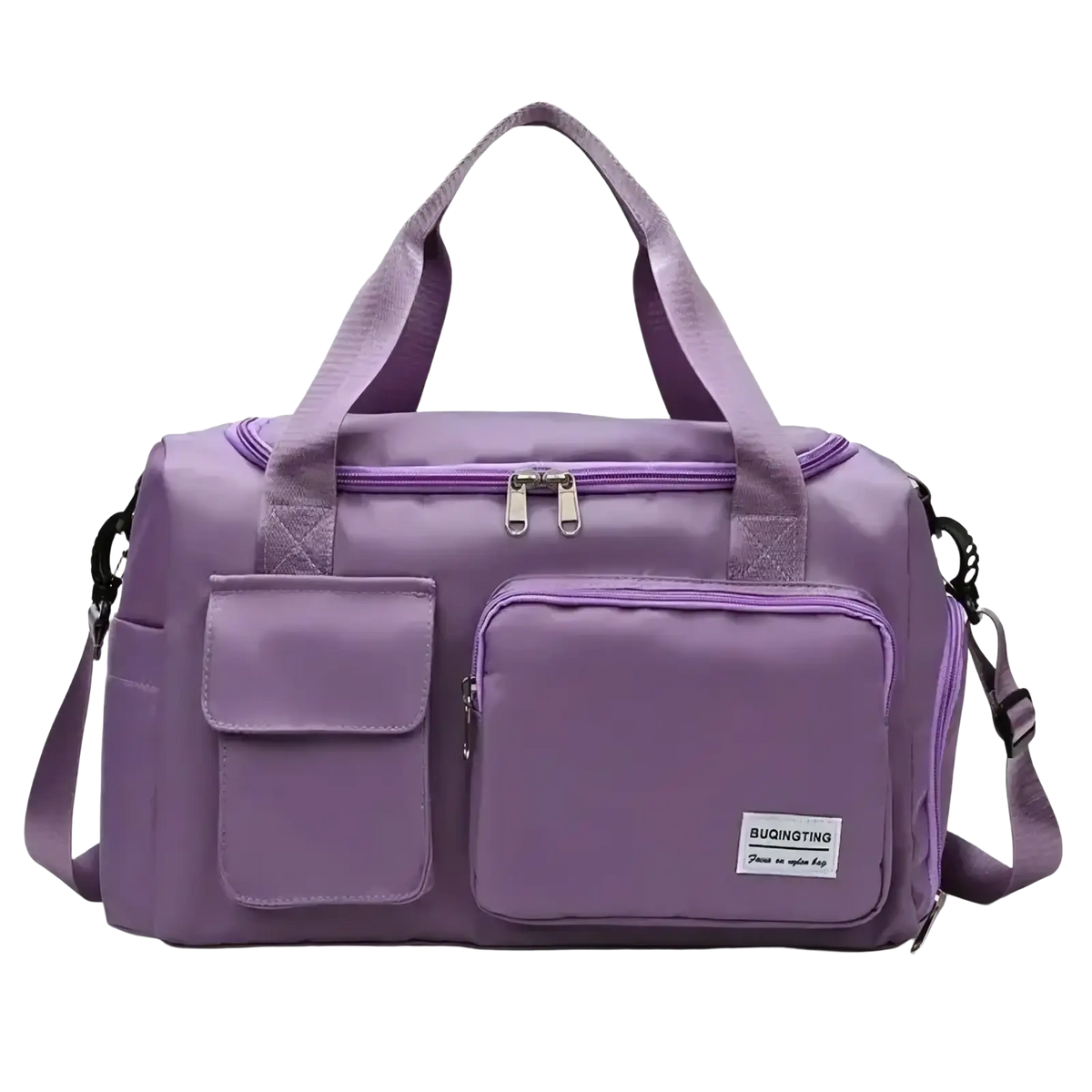 Purple buqingting women’s large capacity travel duffel bag with multiple zippered compartments and adjustable shoulder strap