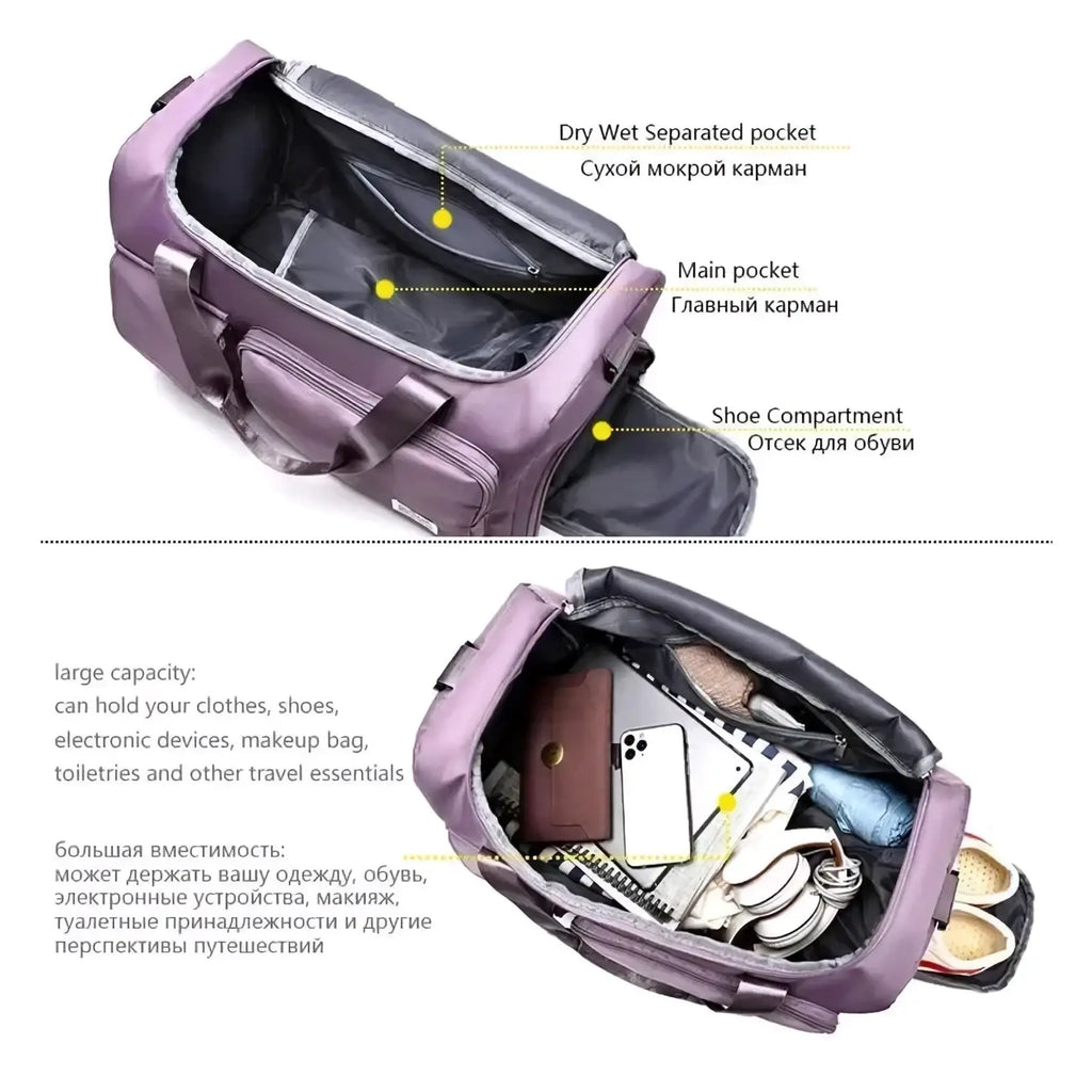 Women’s large capacity purple travel duffle bag with dry wet separated pocket and shoe compartment