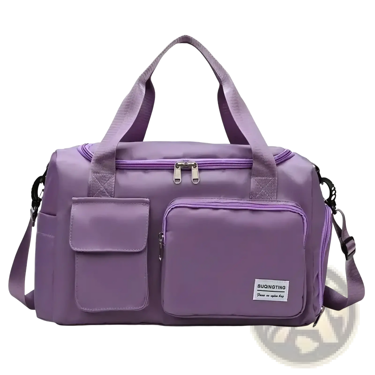 Purple buqingting women’s large capacity travel duffel bag with multiple zippered compartments and adjustable shoulder strap