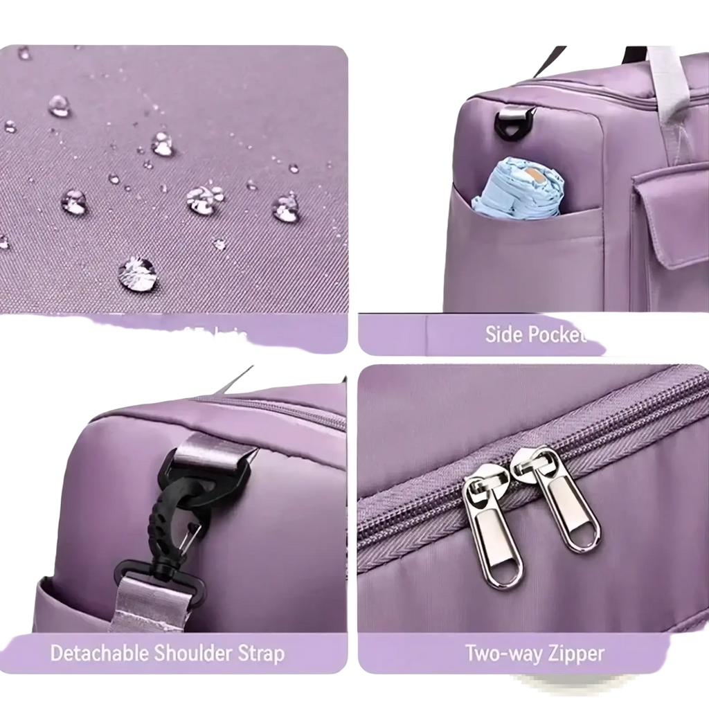 Women’s large capacity purple waterproof fabric travel duffle bag with detachable shoulder strap and two-way zipper