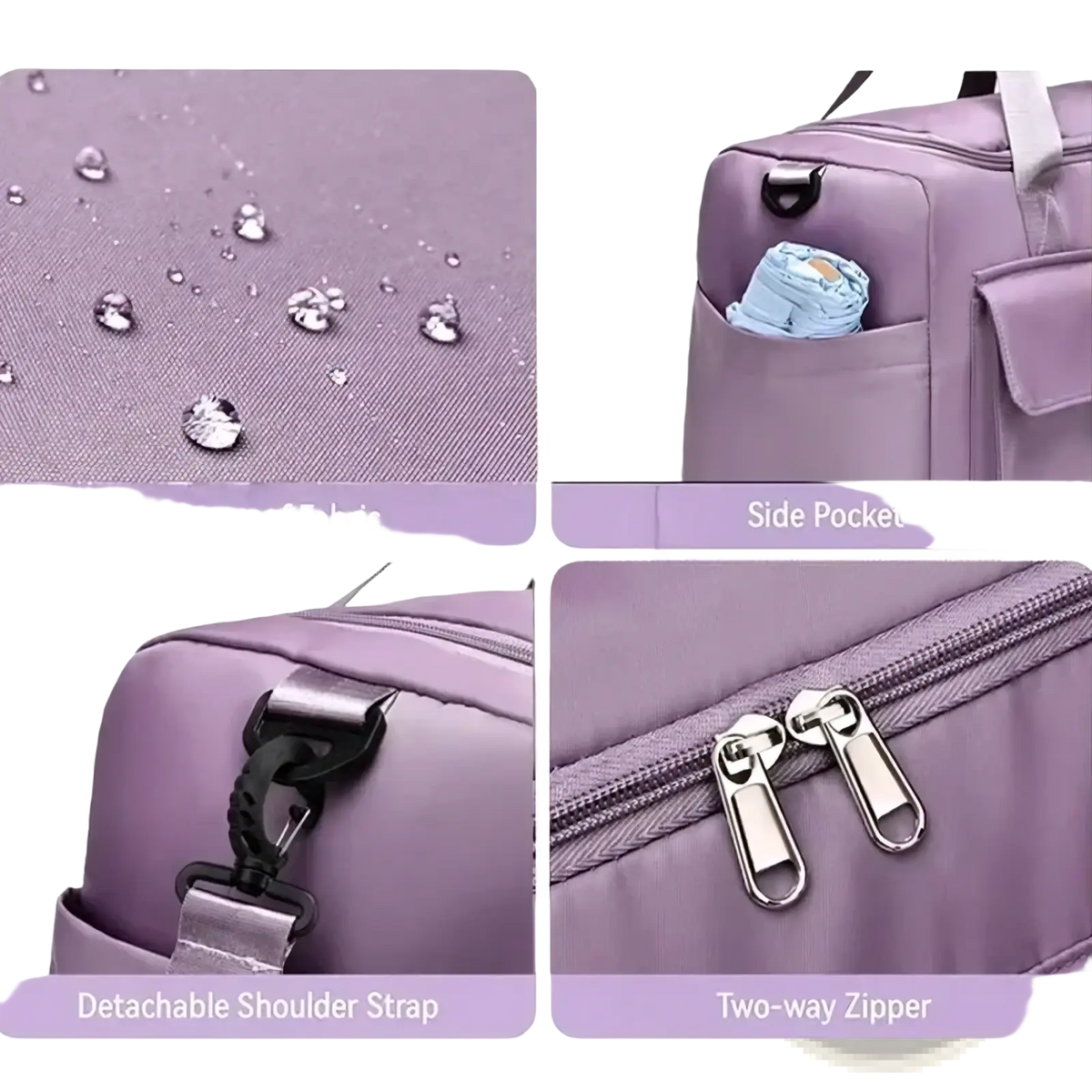 Women’s large capacity purple waterproof fabric travel duffle bag with detachable shoulder strap and two-way zipper
