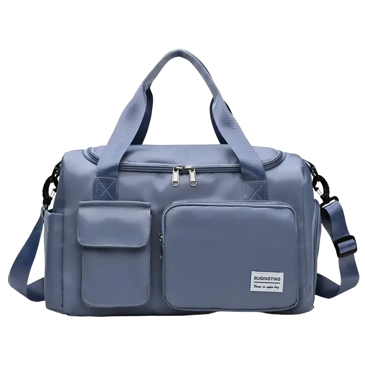A sleek light blue women’s large capacity travel duffle bag with sturdy handles and detachable shoulder strap