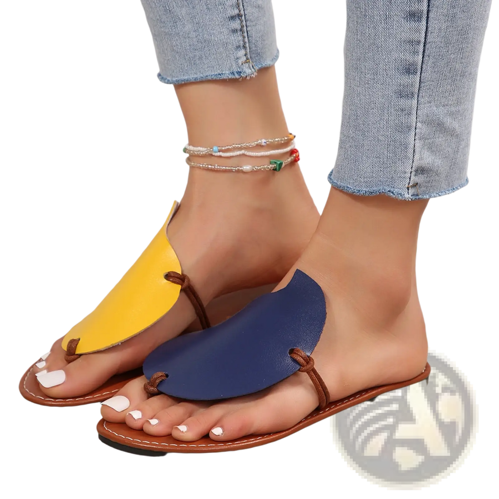 Women’s leaf design casual flat flip flop sandals in bright yellow and navy blue leather with brown straps