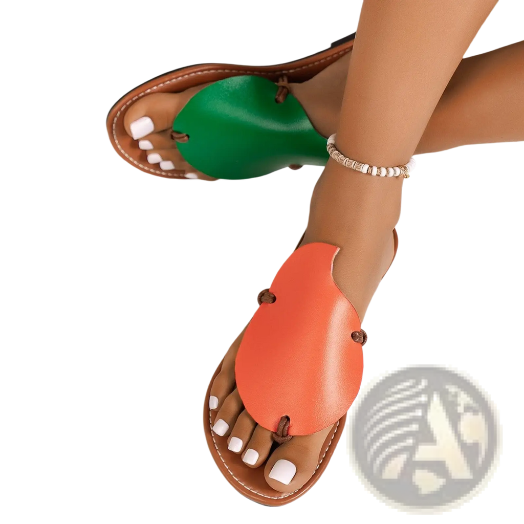 Women’s leaf design casual flat flip flop sandals in bright orange and green leather with brown soles