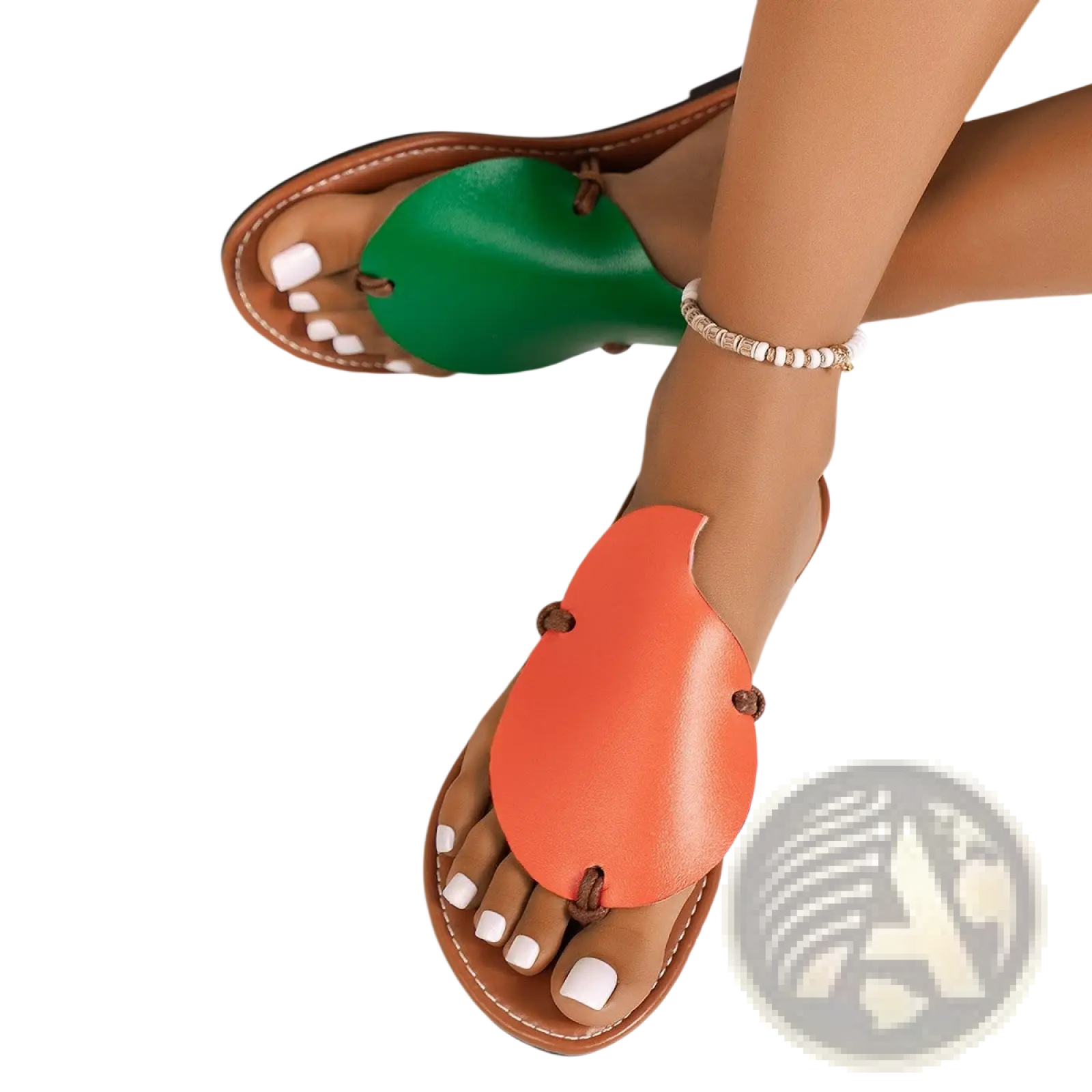 Women’s leaf design casual flat flip flop sandals in bright orange and green leather with brown soles