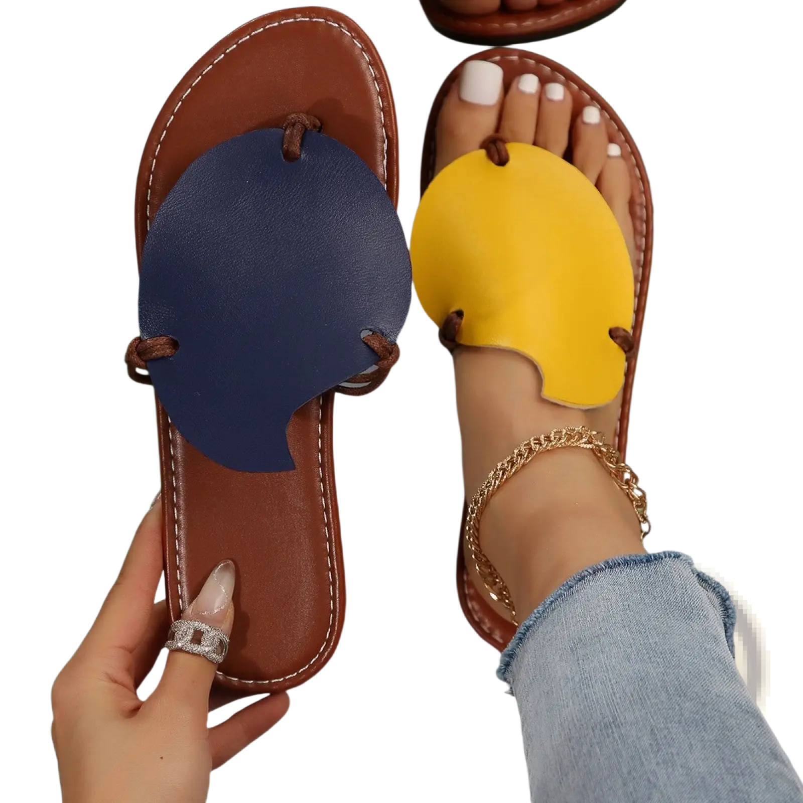 Brown leather women’s leaf design casual flat flip flop sandals with navy and yellow circular cutouts