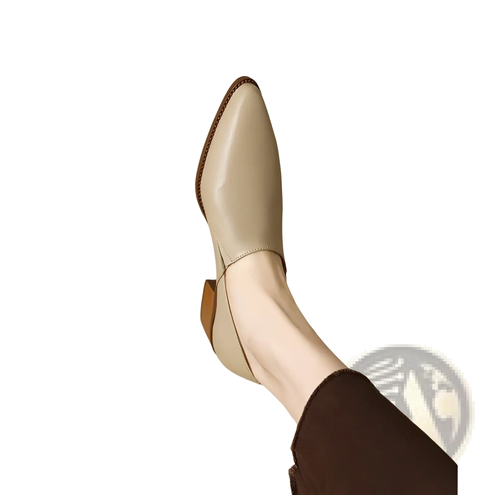 Beige leather ankle boot with pointed toe and low block heel from women’s leather block heel loafers collection