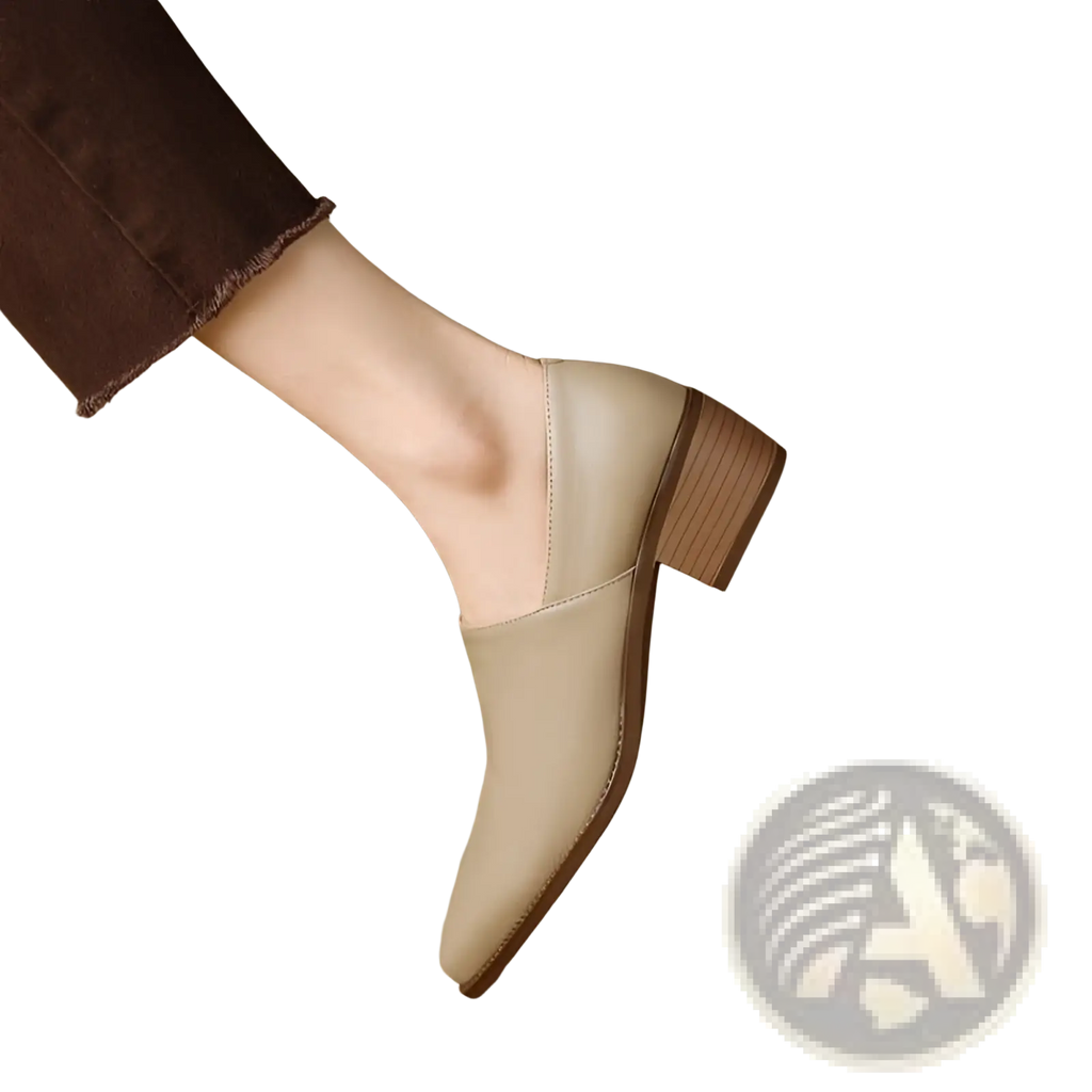 Beige leather ankle boot with block heel and pointed toe designed for women’s leather block heel loafers collection