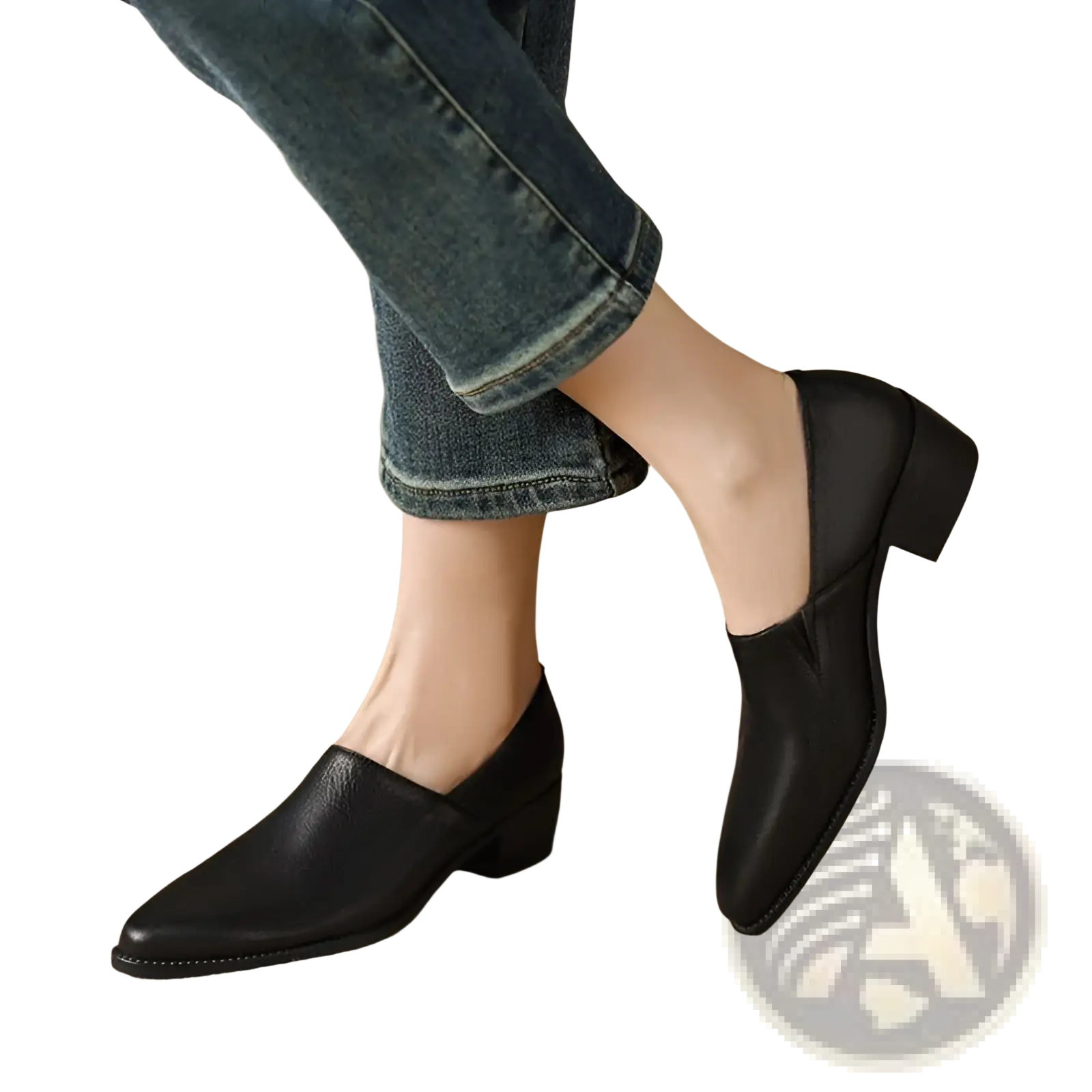 Black leather loafers for women with a pointed toe and low block heel perfect for formal and casual wear
