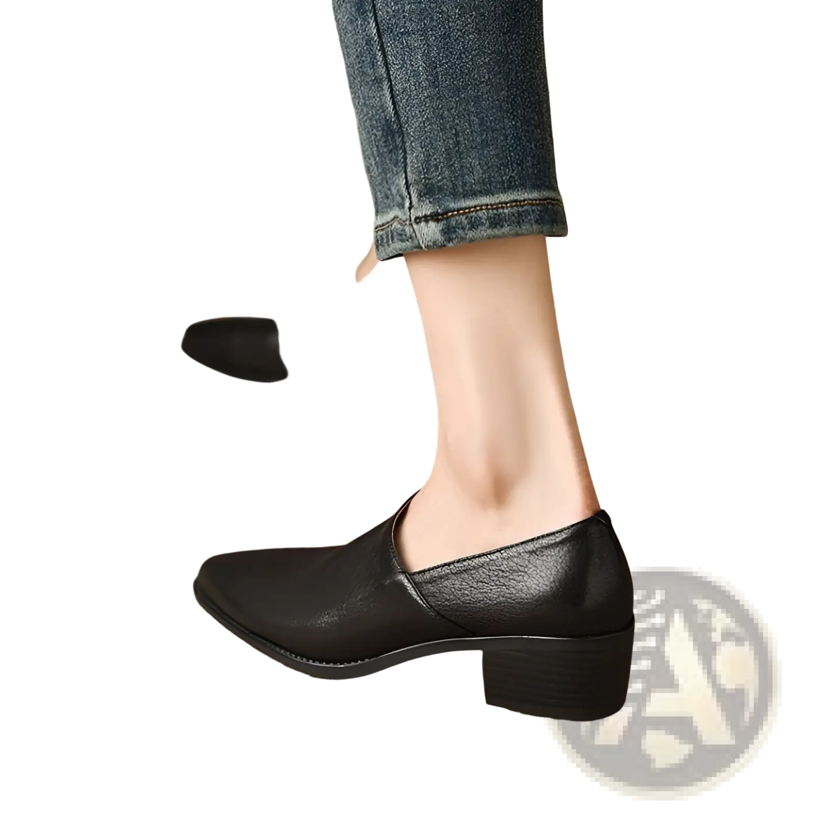Women’s black leather loafers with low block heel and sleek minimalist design featuring a square toe