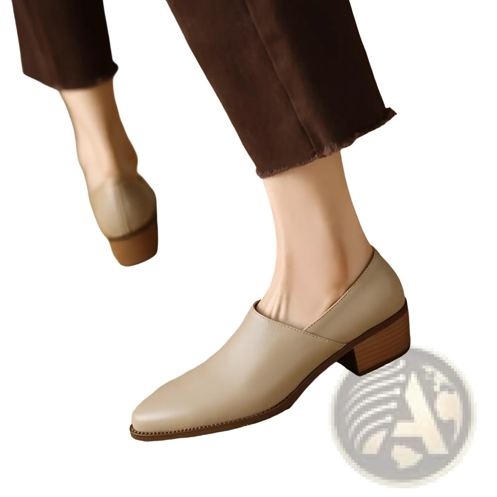 Beige leather women’s block heel loafers with square toe and brown stitching slip-on style shoes