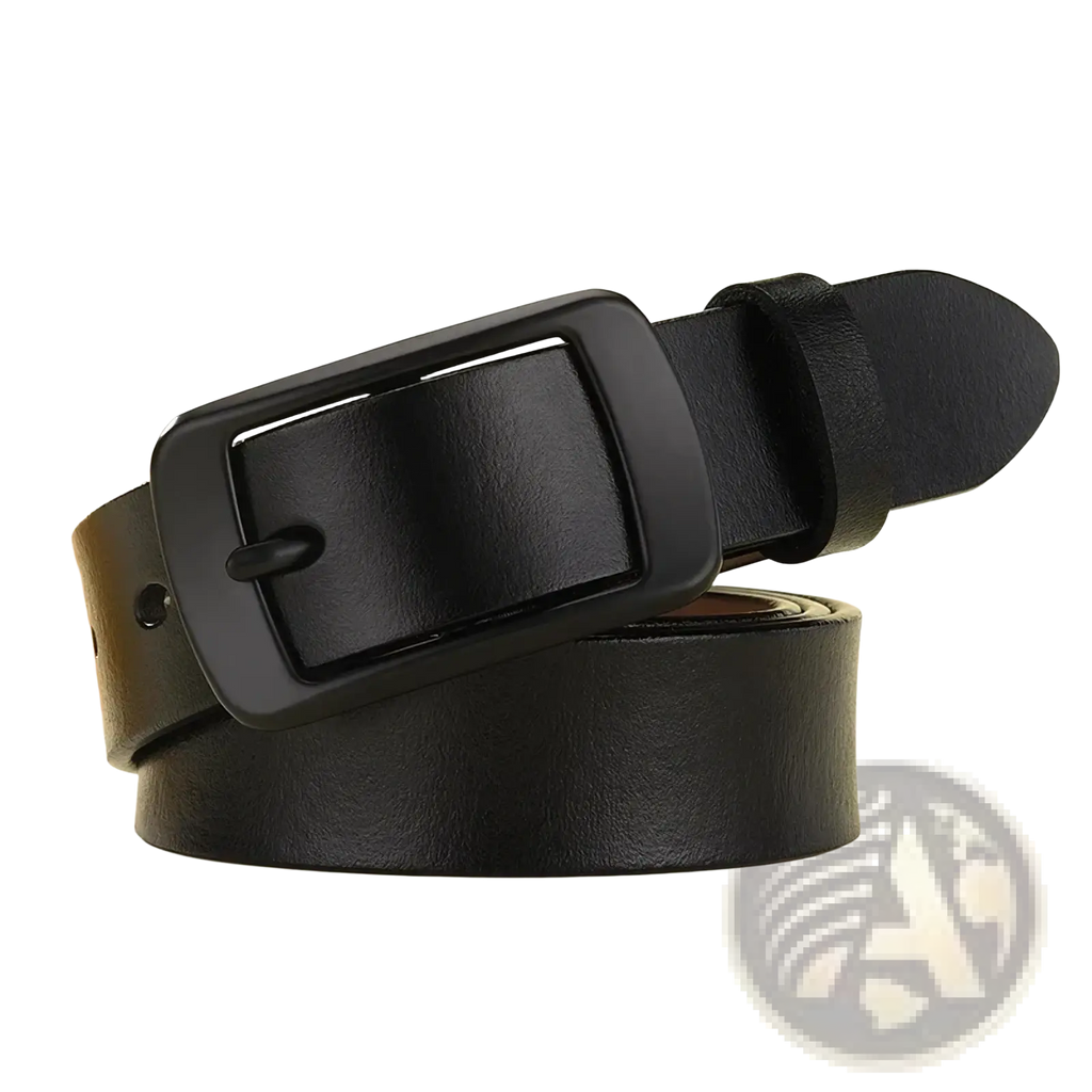 Black leather women’s designer belt with matte-finish rectangular pin buckle in front view