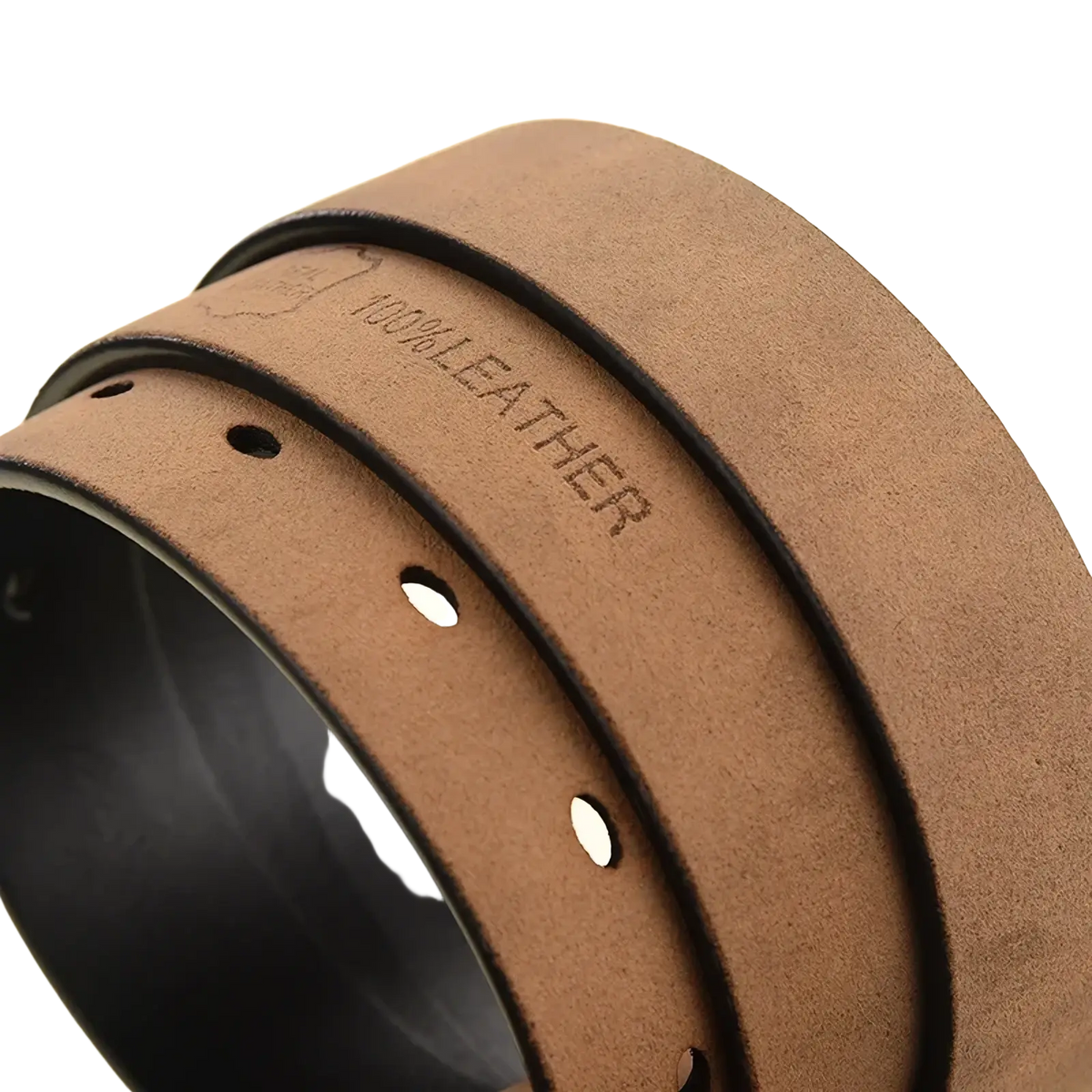 Women’s leather designer belt pin buckle in brown suede with black inner lining embossed 100 percent leather text